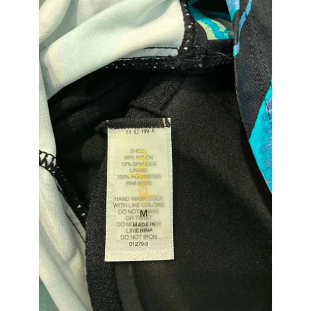 Mynah Tankini Swim Top Womens Medium Blue Black Abstract Palm Bandeau Scarf NWT